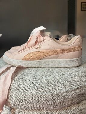 Puma Basket Blush Pink Sneakers with Rose-Gold Glitter